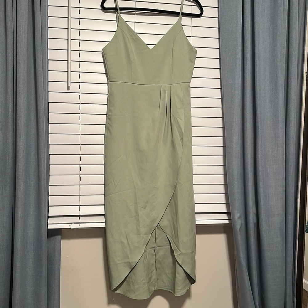 MIDI high low light mint green spaghetti strap bridesmaid dress